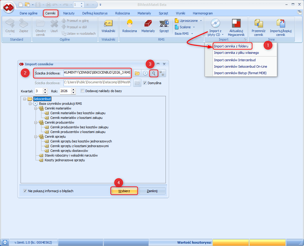 Import cennika SEKOCENBUD z folderu w programie BIMestiMate 6 – oznaczone kroki 1–4