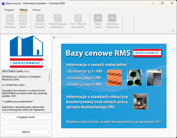 Okno przeglądarki SEKOCENBUD z bazą cenową RMS na III kwartał 2026